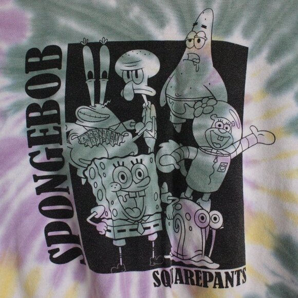SpongeBob SquarePants Crew Neck Sweatshirt Tie Dye Green Purple Yellow Unisex M - Picture 2 of 4
